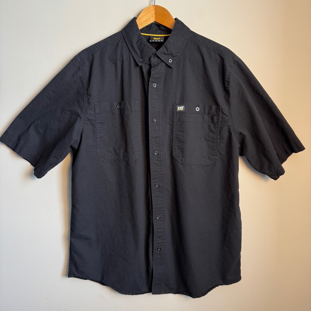 CAT Caterpillar Mens Black Short Sleeve Work Shirt Button Down Logo Size Large‎